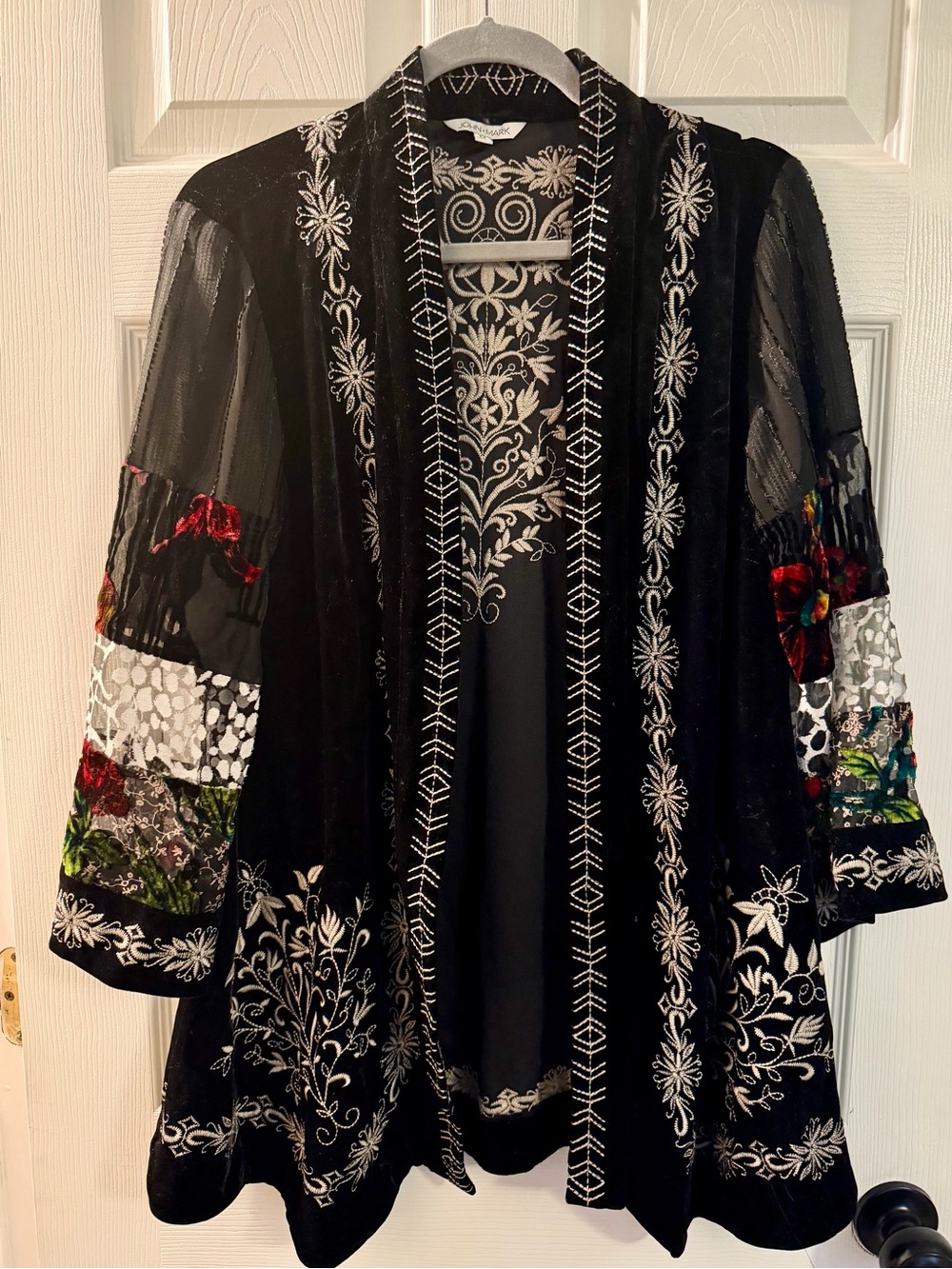 John Mark Black Velvet Open-Front Embroidered Cardigan with Multi Floral Accents